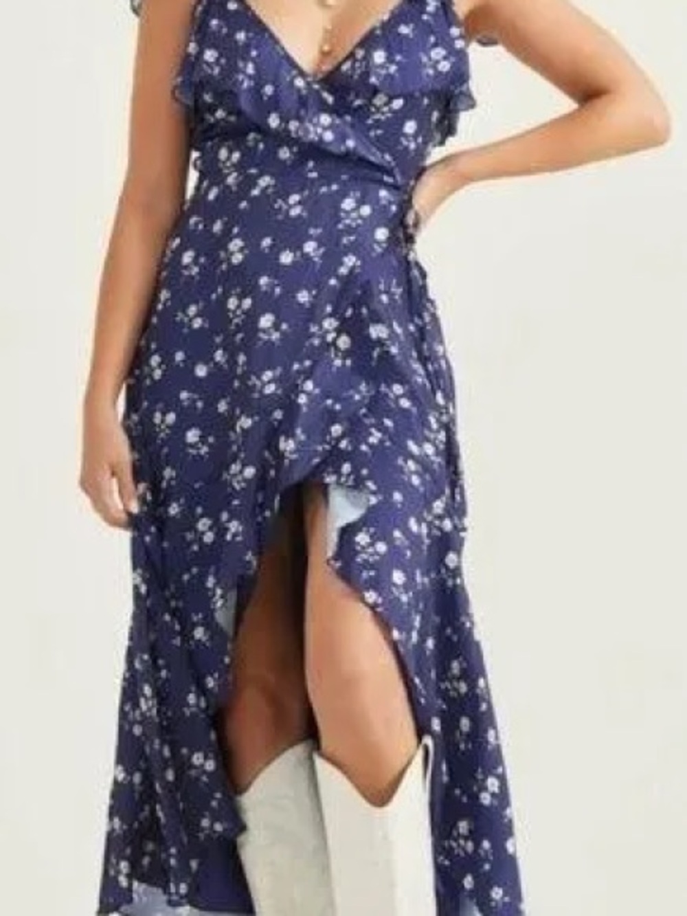 Altar'd State Navy Blue Floral High-Low Wrap Dress